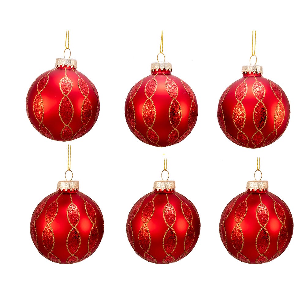 Kurt Adler 80MM Red with Glitter Pattern Glass Ball Ornaments, 6 Piece Box